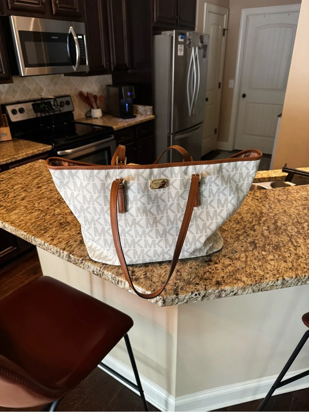 Michael Kors White Logo Tote with Brown Trim